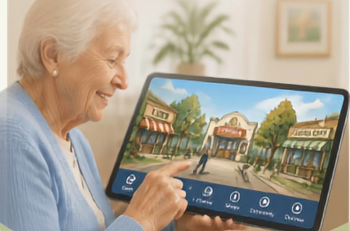 A resident smiling while exploring the virtual village on a tablet