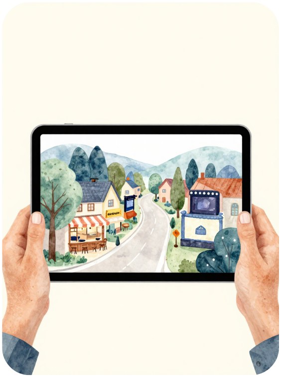 A resident holding a tablet showing an illustrated village street
