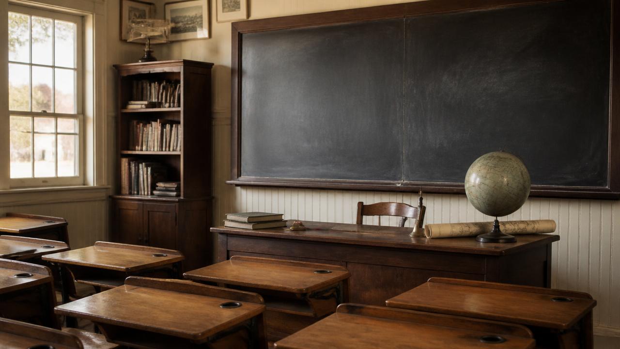 A traditional schoolroom with a slate blackboard, teacher's desk, globe, bookshelf and rows of timber desks in warm afternoon light