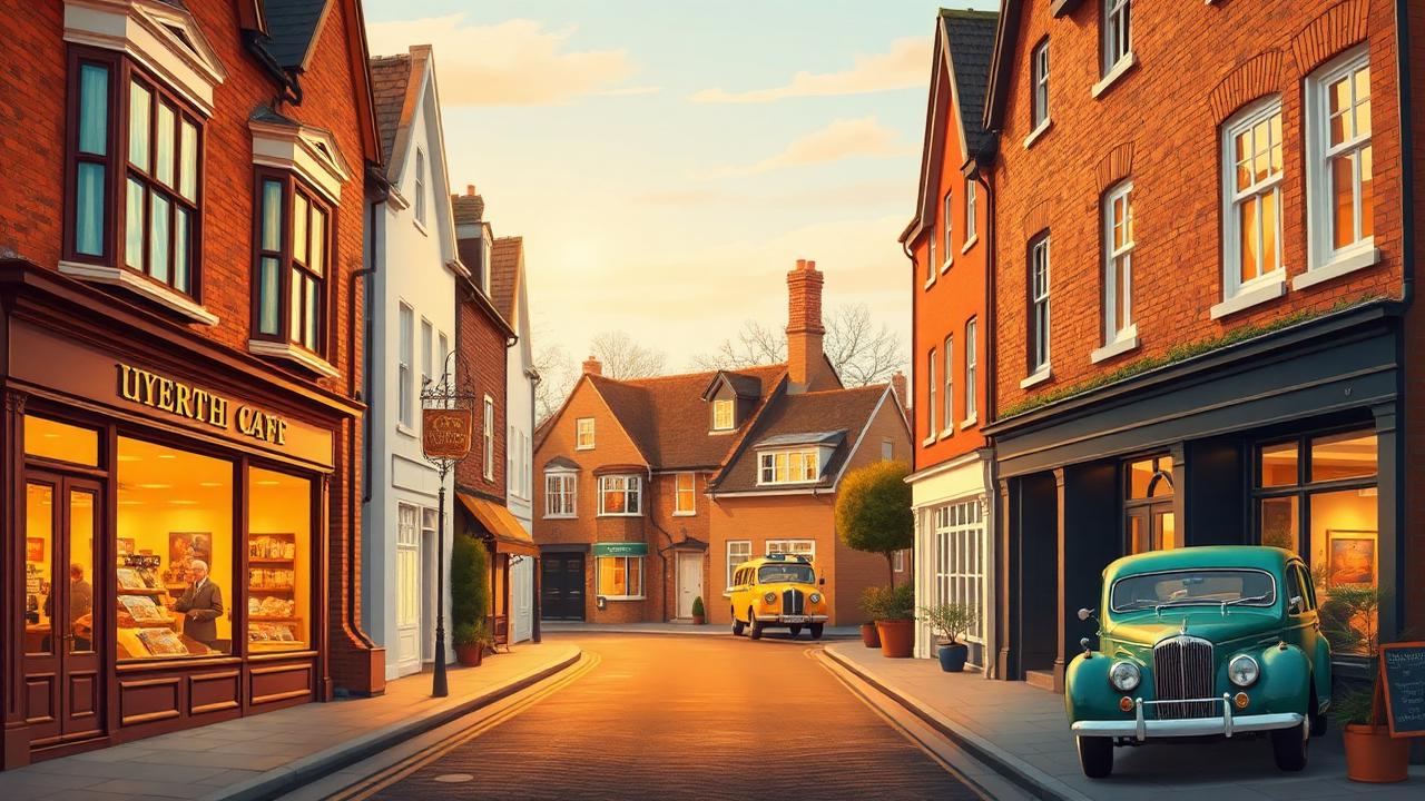 A charming village street with a department store, motor garage and café glowing in the evening light
